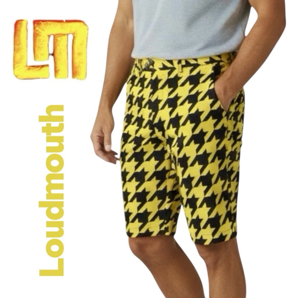 Loudmouth Men's Shorts Sz 40x11 Flat Front Golf Yellow/Black Jumbo Houndstooth